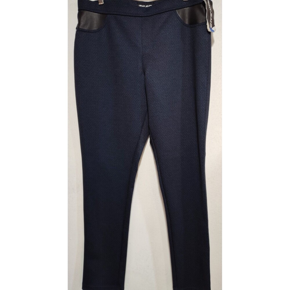 DKNY Jeans Ponte Knit Pants Women Size L Navy GeometricPull-On Faux Leather Trim